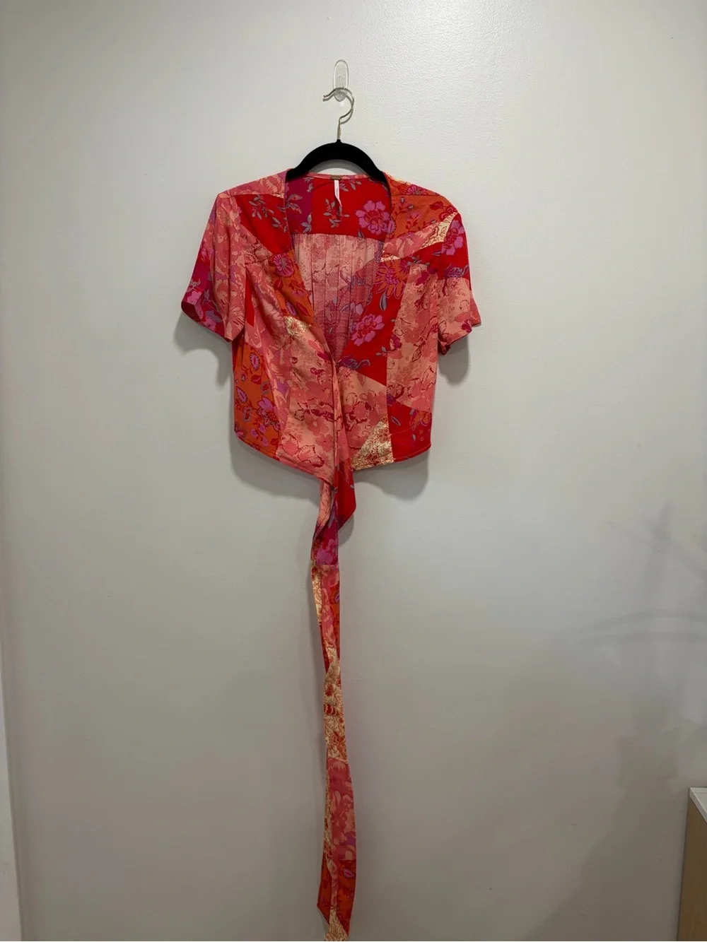 Free People Red Pink Floral Tie-Waist Crop Top #0105